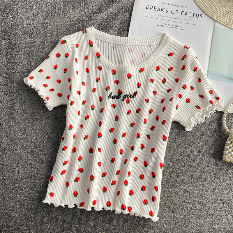 Girly Strawberry Printed High Waist Navel Bare Short Sleeve T-shirt