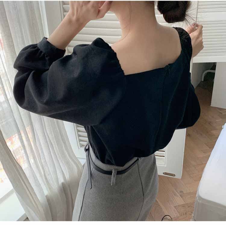 Retro Square Collar Lantern Sleeve Shirt