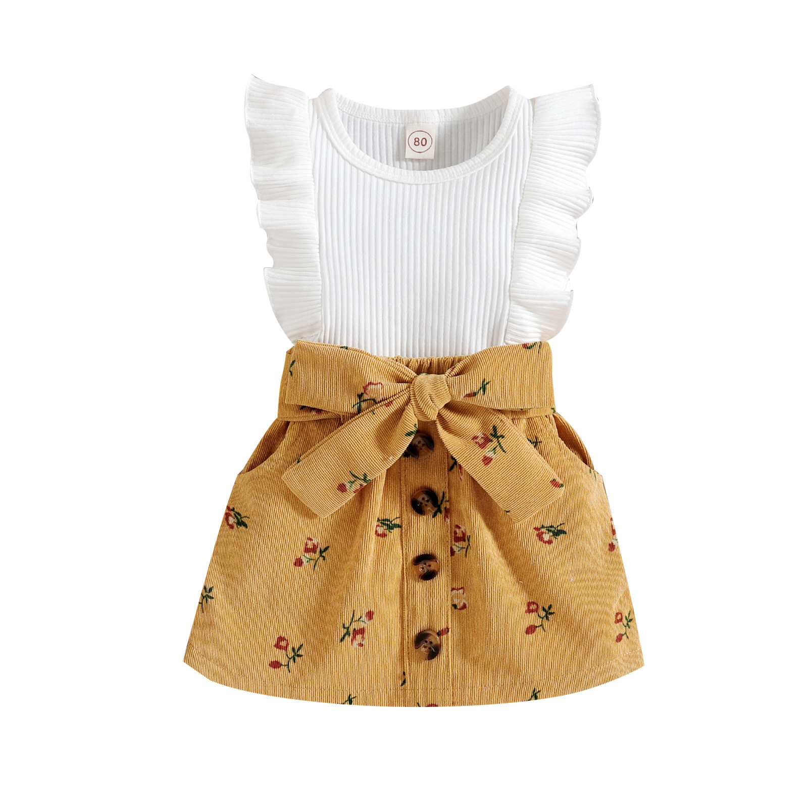Pit Strip Flying Sleeves Floral Corduroy Skirt Two-piece Suit