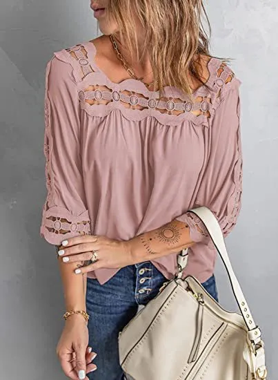 Female Lace Stitching Loose Leisure Five Point Sleeve Pink - Shop at LoveMi