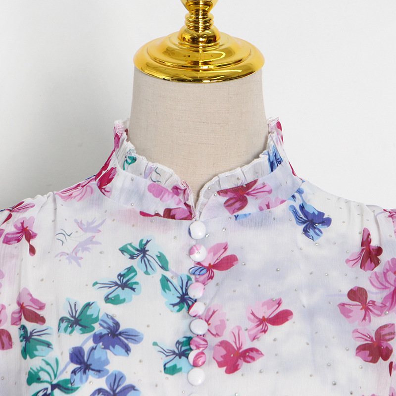 Floral Stand-Collar Pleated Shirt Dress — product details and sizing image 5