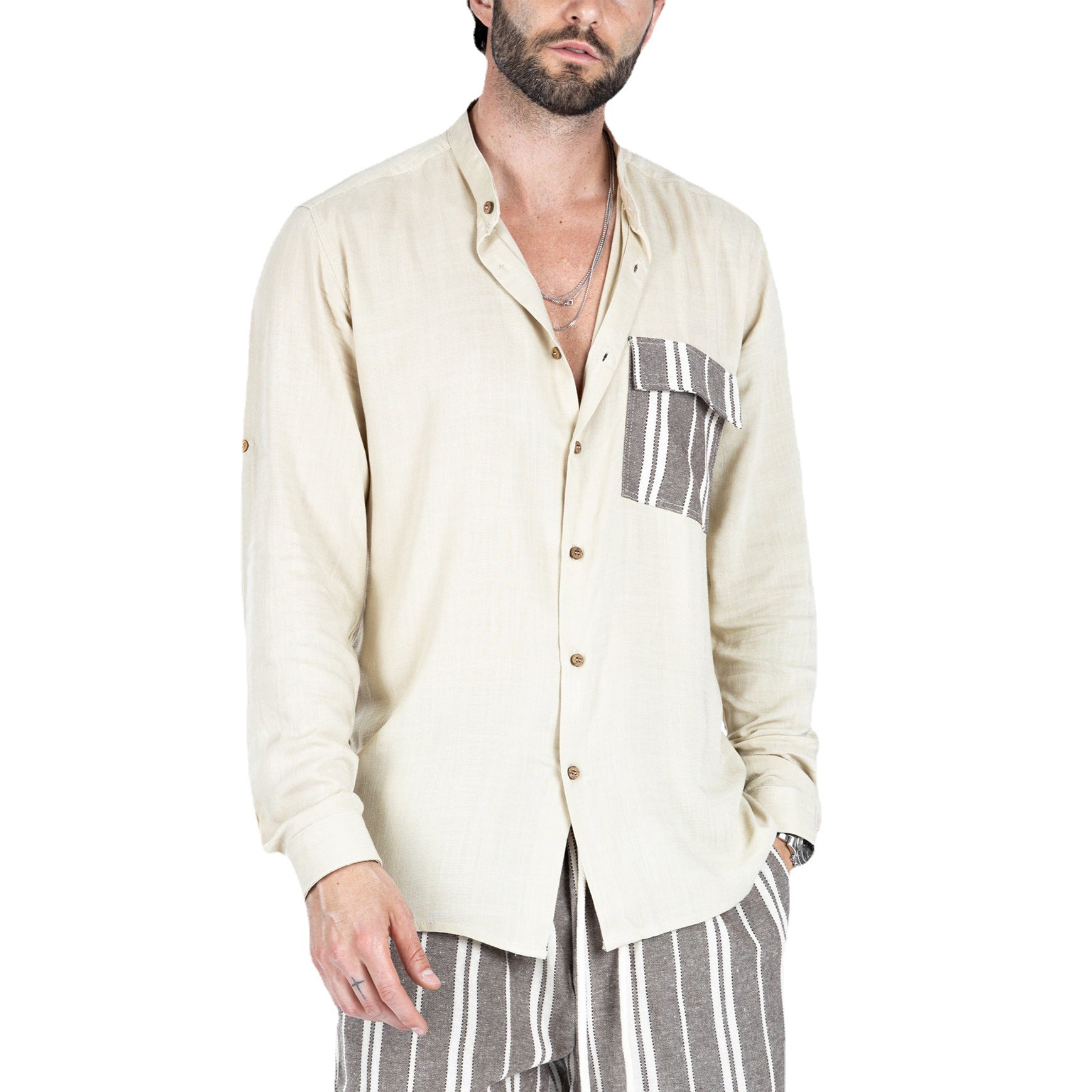 Men's Contrast Color Stitching Lapel Casual Shirt