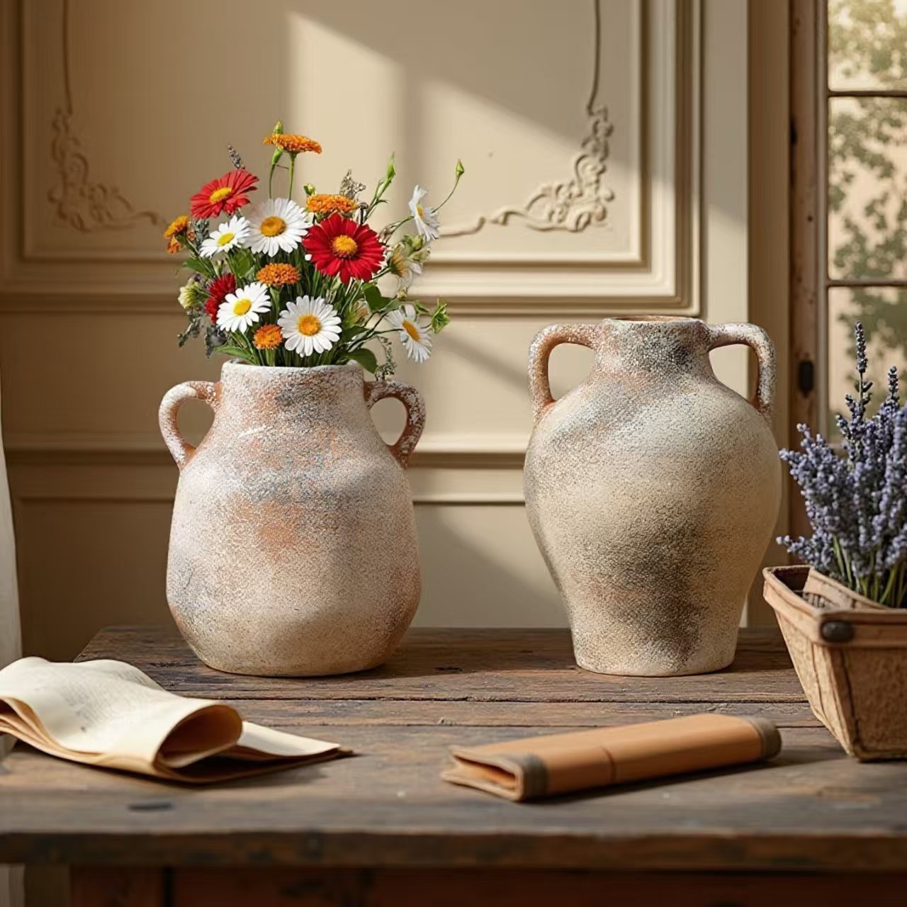 Vintage Ceramic Flower Vase With Handle, Decorative Bottle For Home Decoration, Indoor Ornament And Floral Arrangement Prop