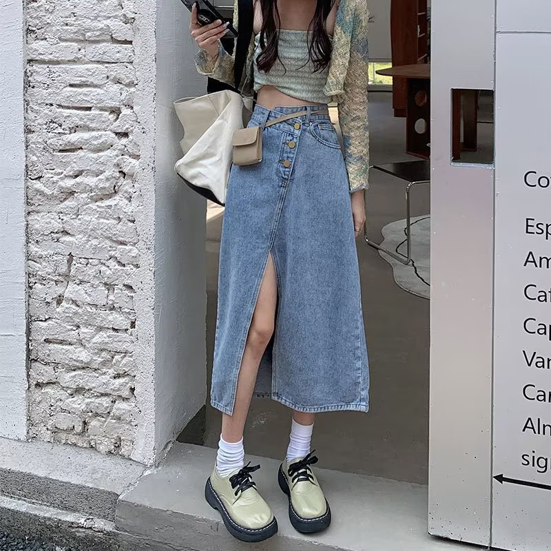 Summer New High Waist A- Line Mid-length Denim Skirt For Women