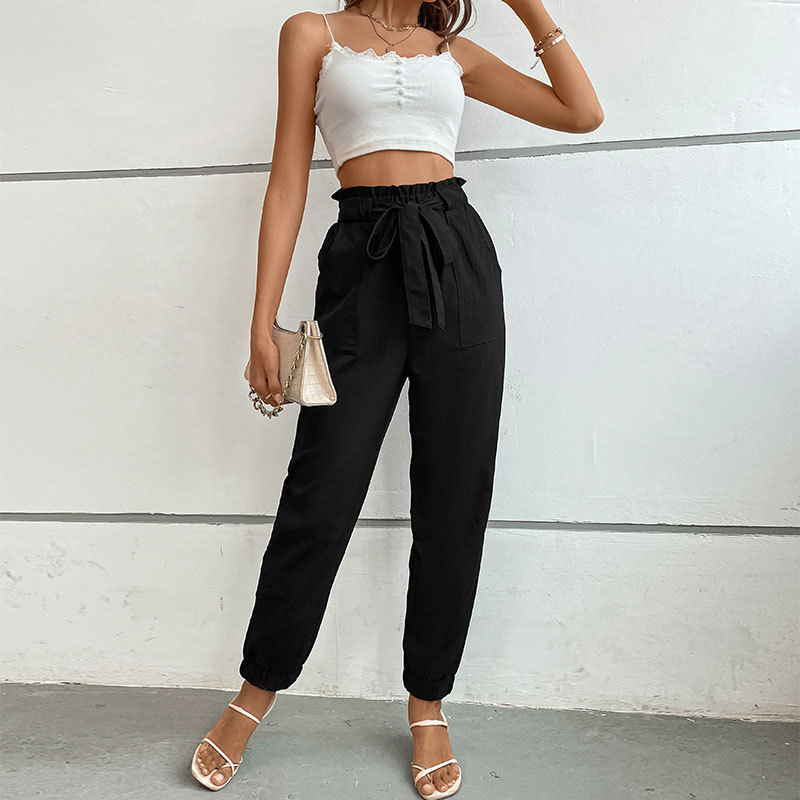 Spring And Summer High Waist Lace-up Trousers Casual Dungarees