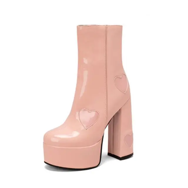 Autumn And Winter Water Platform Super High Heel Heart Ankle Boots Pink - Shop at LoveMi