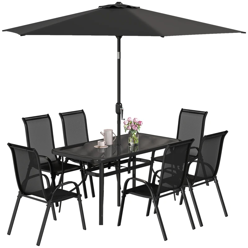 8 Pieces Patio Furniture Set With 9Ft Patio Umbrella, Outdoor Dining Table And Chairs, Black