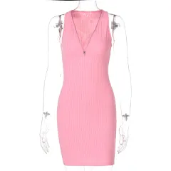 Women Stripe Knitted Women Sleeveless Mini Dress - Pink - View 1