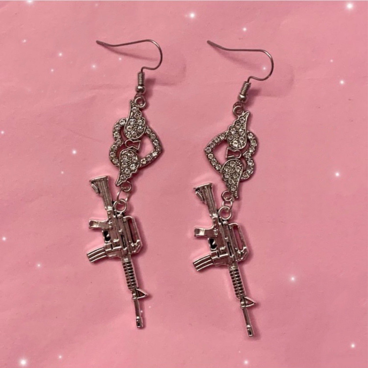 Women's Punk Peach Heart Wings Pistol Earrings
