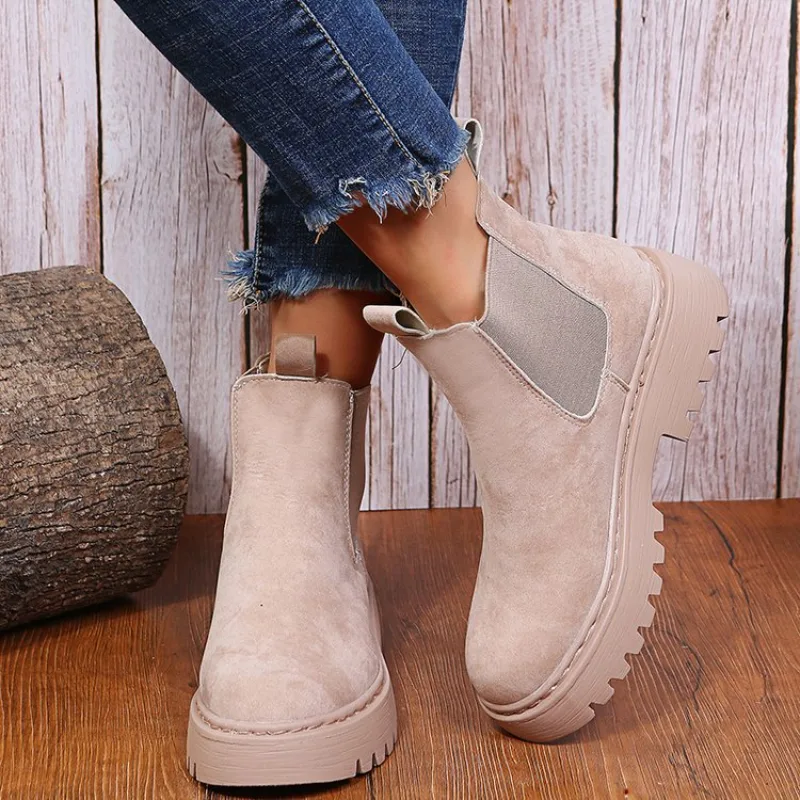 Women Ankle Boots Solid Color Chunky Autumn Winter Platform