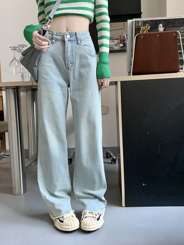Light colored Straight Pants With Slim Waist Washing Light Blue - Shop at LoveMi