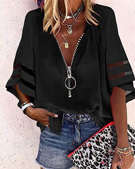 Title 9, V-neck Zipper Shirt Half Bell Sleeve Mesh Stitc...