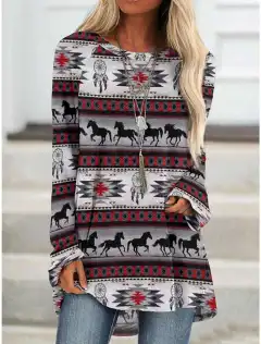Long T-shirt Dress Retro Ethnic Style - Color4-M - View 1