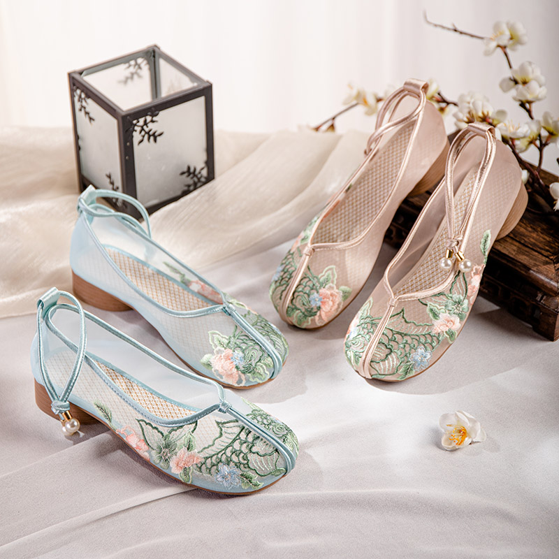 New Chinese Style Embroidered Mesh Shoes - Traditional Chinese Embroidery Flat Shoes, Soft Sole Platform Women S Shoes, Versatile Hanfu-Inspired Style