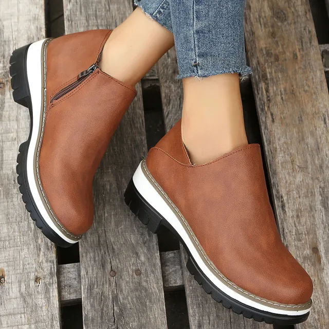 Women Ankle Boots Round Toe Low Heel Zipper Shoes Brown - Shop at LoveMi