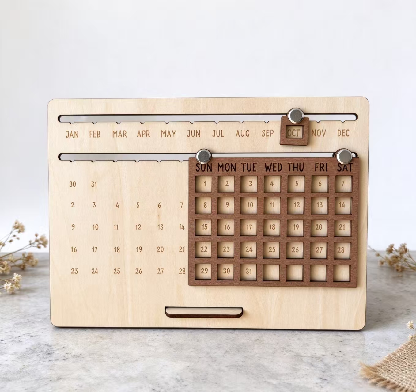 Calendar de birou perpetuu din lemn, Tabel săptămânal de date pentru luna alunecătoare, Decor de masă din lemn reutilizabil pentru sala de clasă a biroului