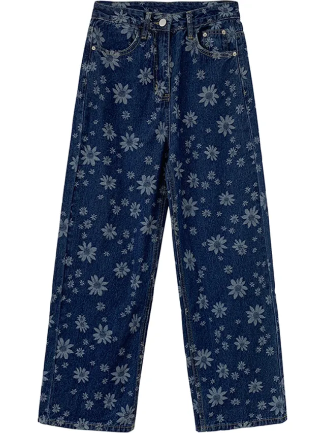 Women's Loose High Waist Embroidered Jeans Dark Blue - Shop at LoveMi
