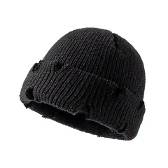 Men's Short Dome Korean Style Knitted Hat - Black - View 1