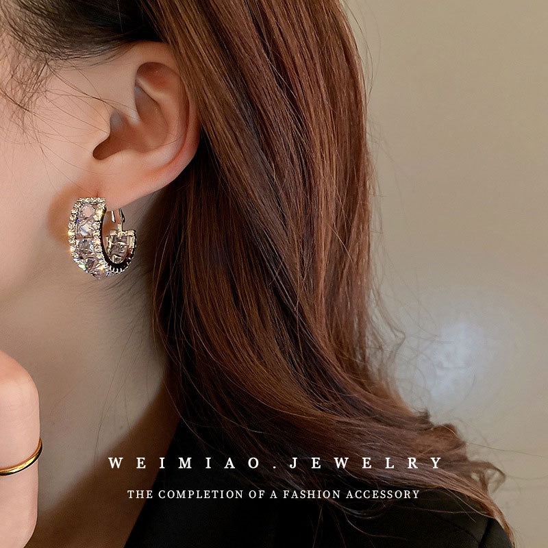 Silver Needle C-Shaped Rhinestone Zircon Geometric Earrings For Women Luxury Niche Design Hoop