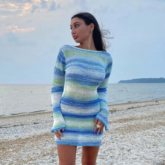 Back Flared Sleeve Striped Sweater Dress As Shown In The Figure - Shop at LoveMi