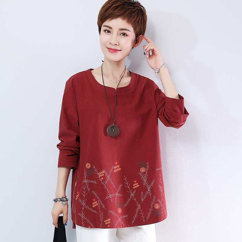 Title 2, Printed Loose Plus Size Cotton Long-sleeved T-s...