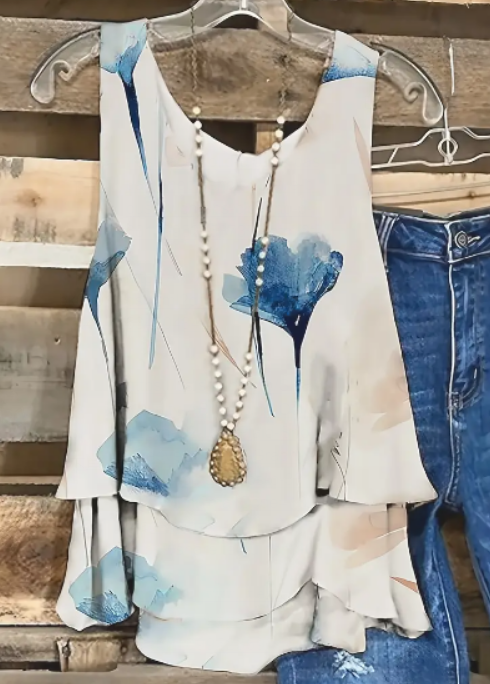 Women's Sleeveless Blue Ginkgo Leaf Print Tank Top, Size 3XL