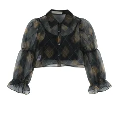 Rhombus Gauze Shirt Summer Design Short Top - Shirt-S - View 1