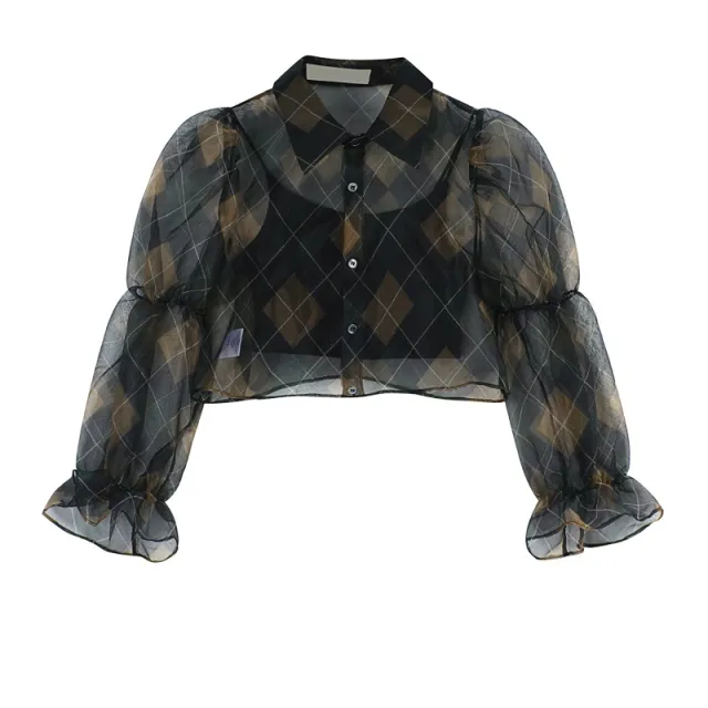 Rhombus Gauze Shirt Summer Design Short Top Shirt S - Shop at LoveMi