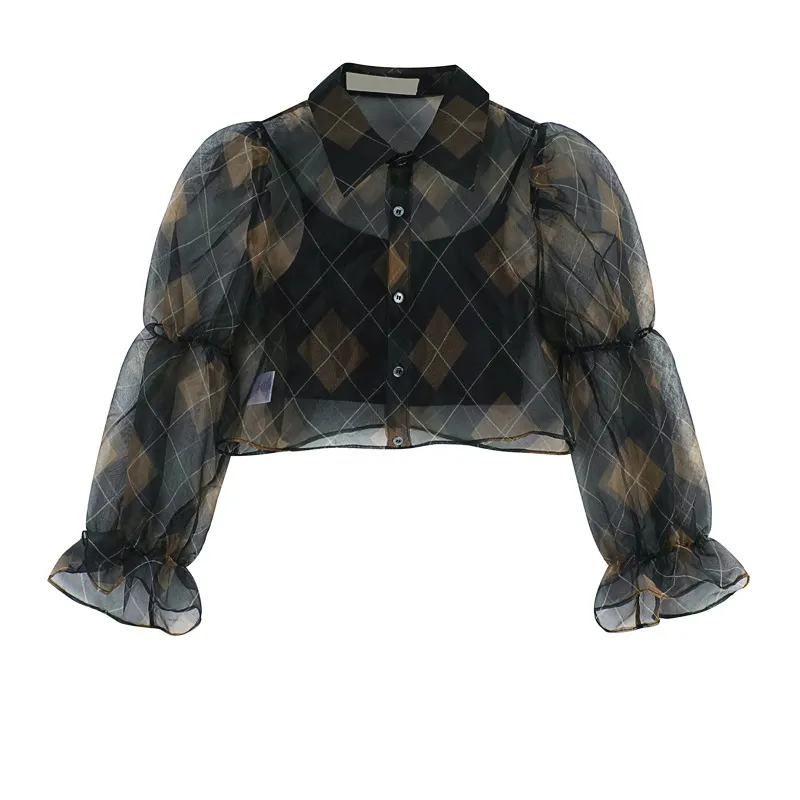 Rhombus Gauze Shirt Summer Design Short Top - Shirt-S