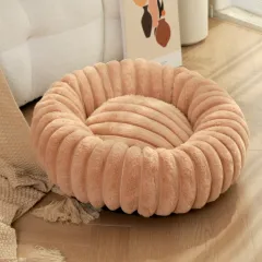 High Weight Pet Nest Straight Rabbit Plush Mat Round Long Hair Cat Nest Warm Winter Dog Bed Kennel - Khaki - View 1