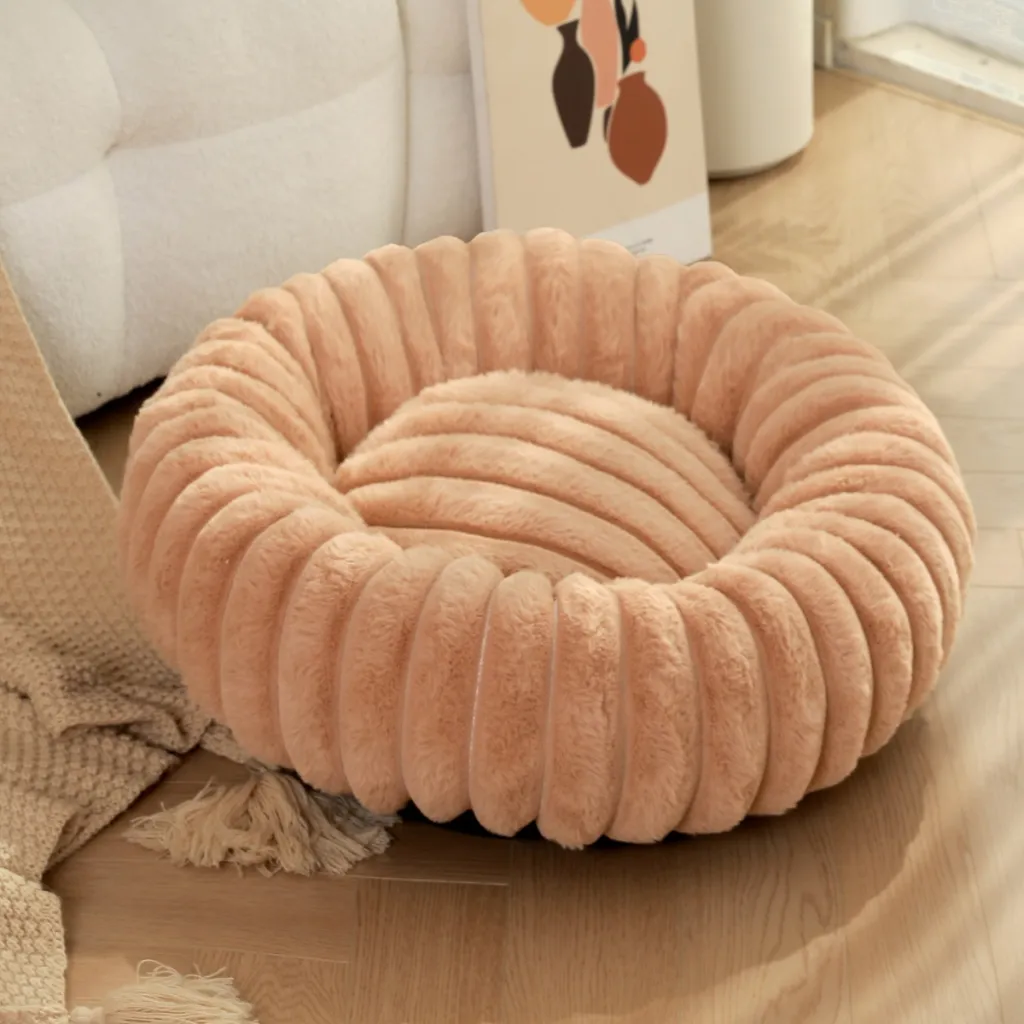 High Weight Pet Nest Straight Rabbit Plush Mat Round Long Hair Cat Nest Warm Winter Dog Bed Kennel - Khaki