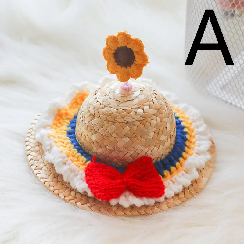 Pet Cute Knitted Straw Hat Flower Cat