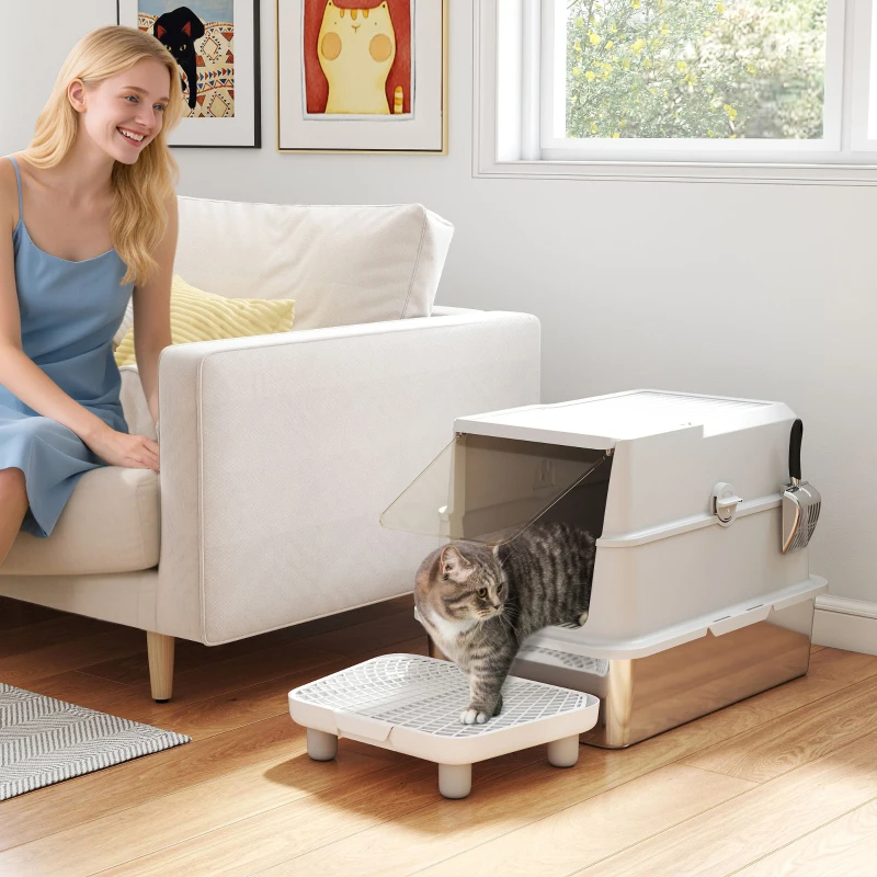 Extra Large Stainless Steel Cat Litter Box For Big Cats With Flip Cover, High-Sided Enclosure & Scoop