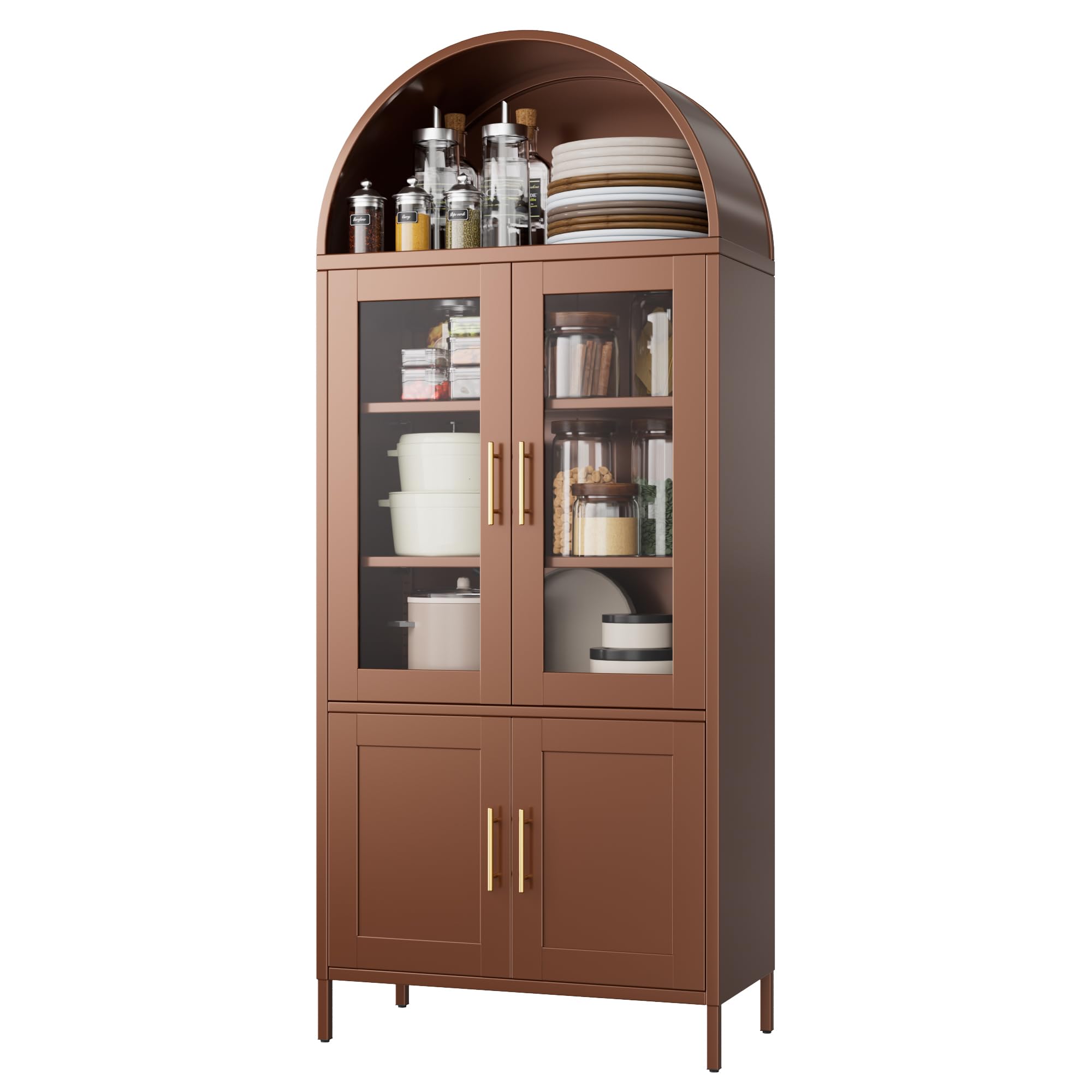 Metal Arched Bookcase Cabinet With 4 Doors,Arched Kitchen Pantry Cabinet For Home Office Living Room,Required Assembly,Brown