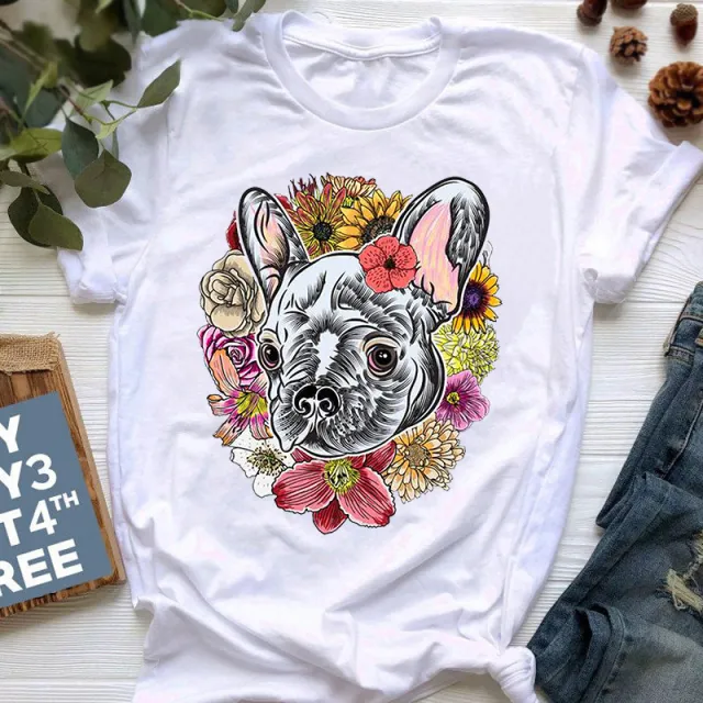 Summer New Style French Bulldog Print T shirt Female Cute Cartoon Bulldog 1White - Shop at LoveMi