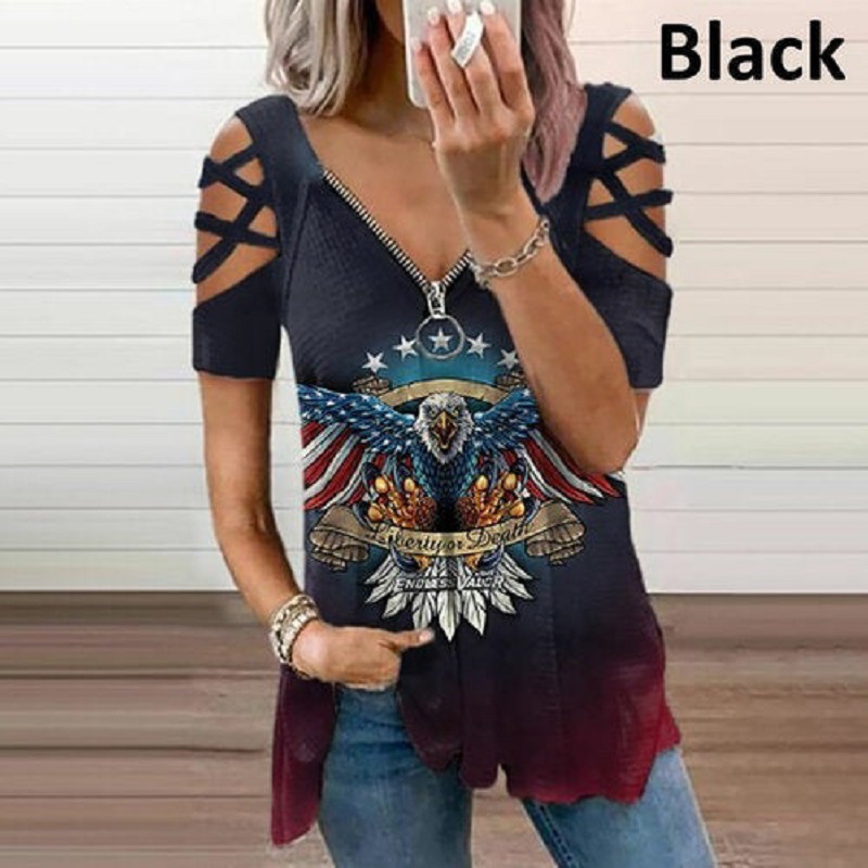 Title 1, Printed Contrast Color Short-sleeved V-neck Wom...