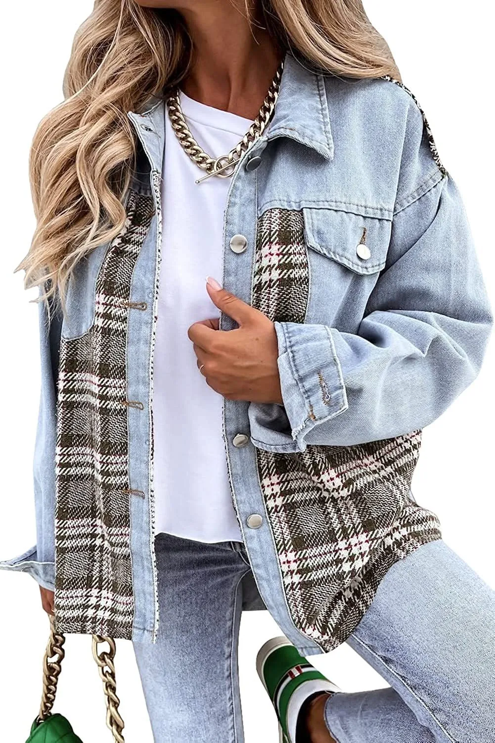 Denim Jacket Long Sleeve Plaid Button Down Shirt - Sky Blue