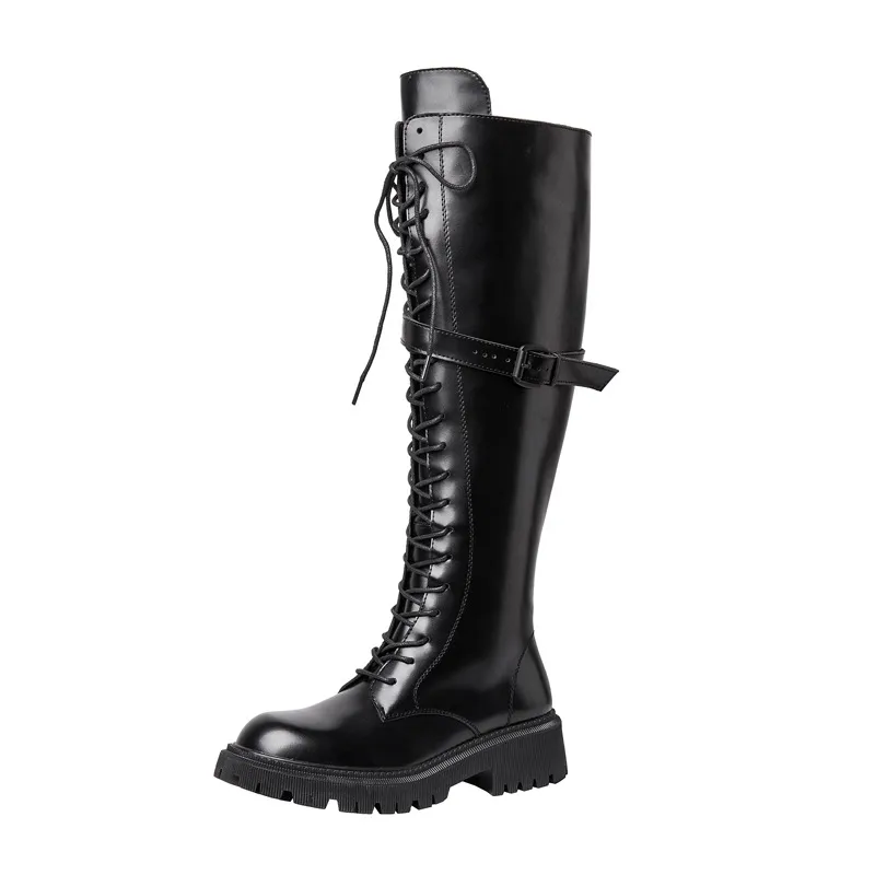 Thick bottom motorcycle strap leather Martin boots - Long Boots-37