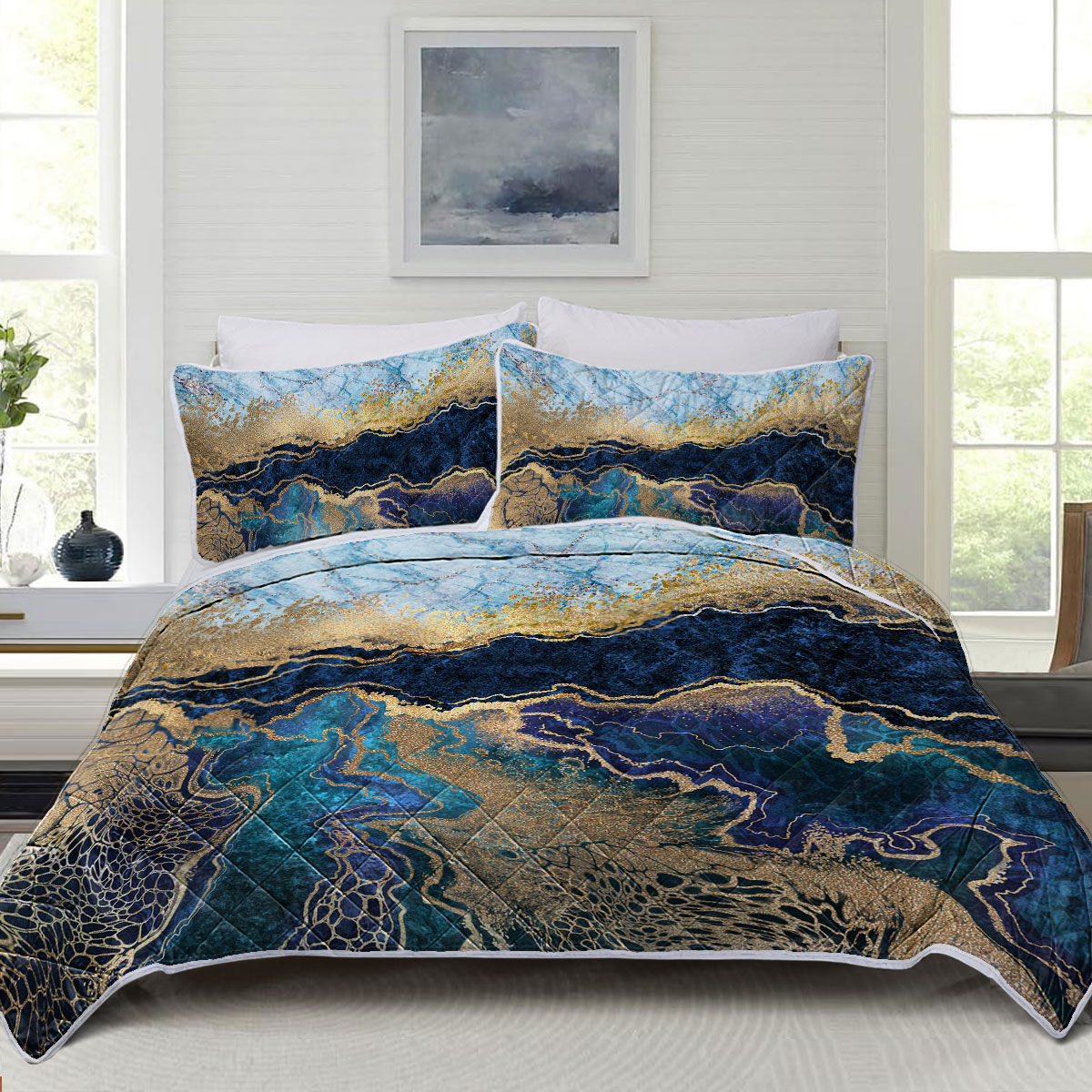 Marble Quilt Set, Blue And Gold Marble Bedding 3 Pieces, 1 Quilt & 2 Pillow Cases, Luxury Marble Bed Set