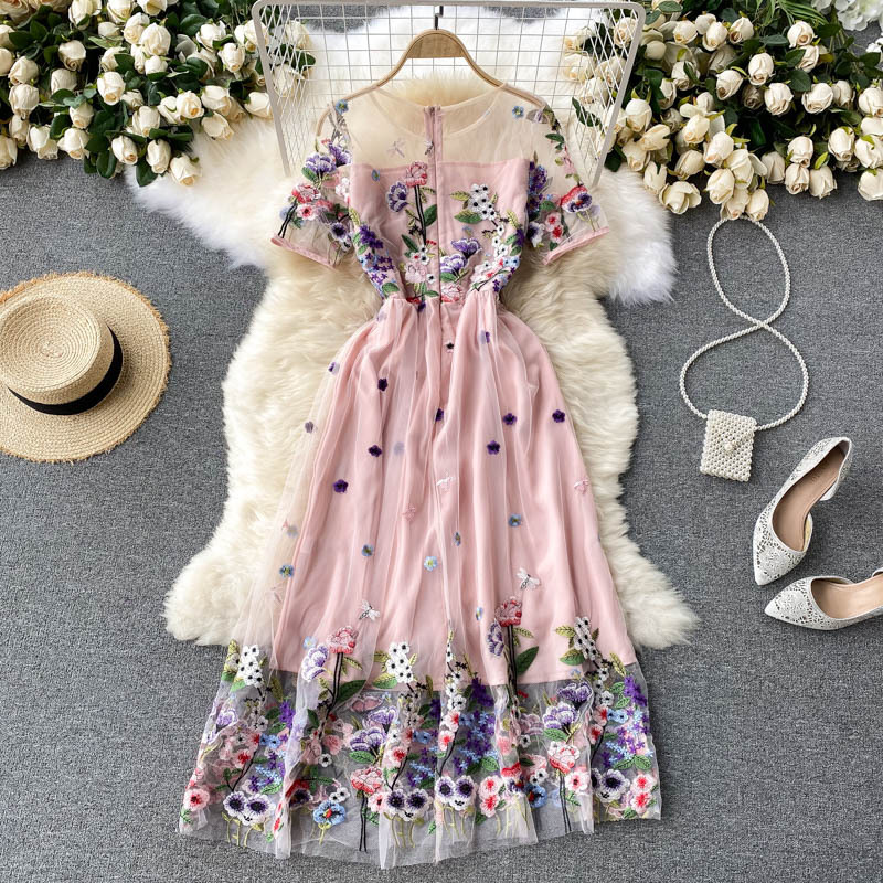 Embroidered High-Waist Midi Dress