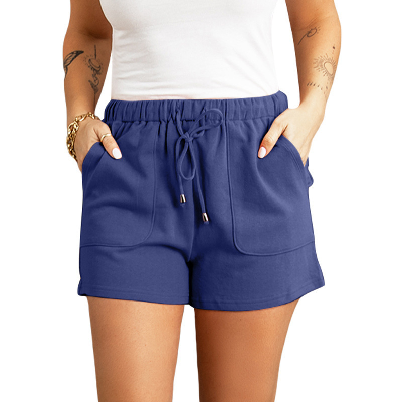 Casual Pants Cross border Solid Color High Waist Drawstring Straight Shorts Blue - Shop at LoveMi