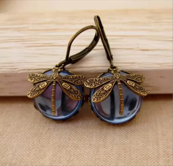 Vintage Dragonfly Earrings Fashion Gold Color Metal Carving Pattern