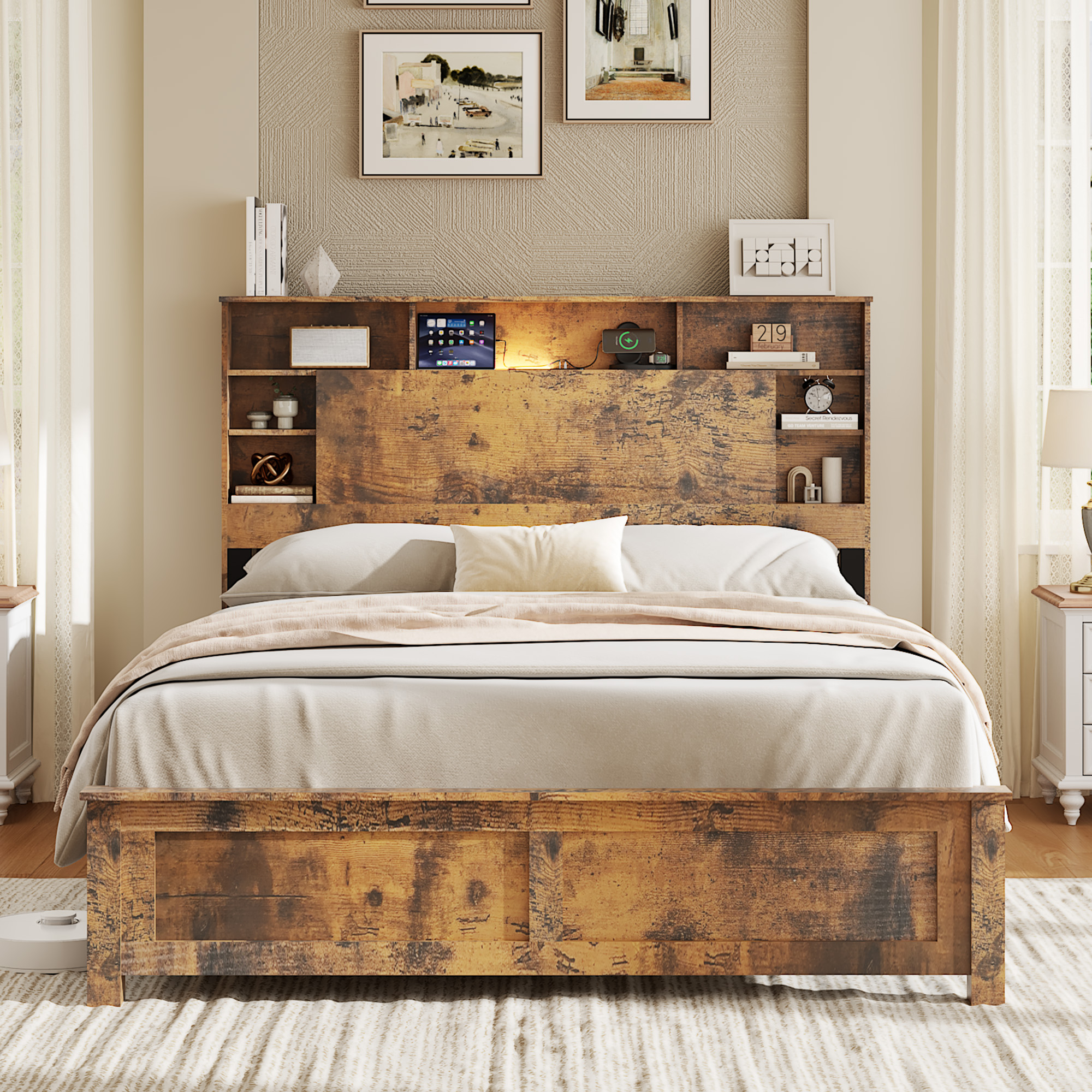 Full Wood Bed Frame With Bookcase Headboard, Charging Station & LED, Dark Brown — foto 2