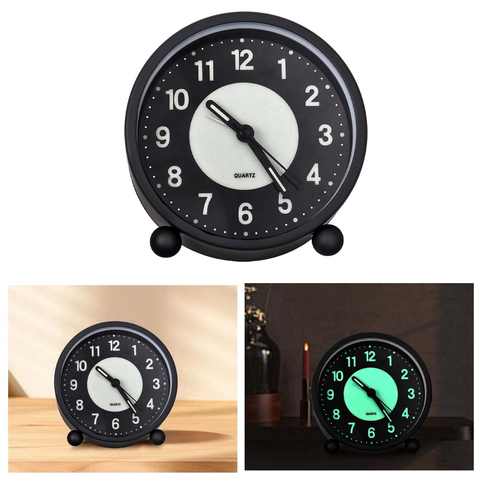 Black Silent Bedside Alarm Clock Non Ticking Glow-in-the-Dark Bedroom — image 3