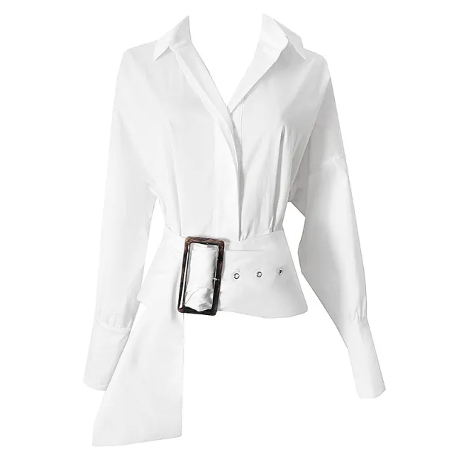 White Shirt Belt Design Niche Long Sleeve White - Shop at LoveMi