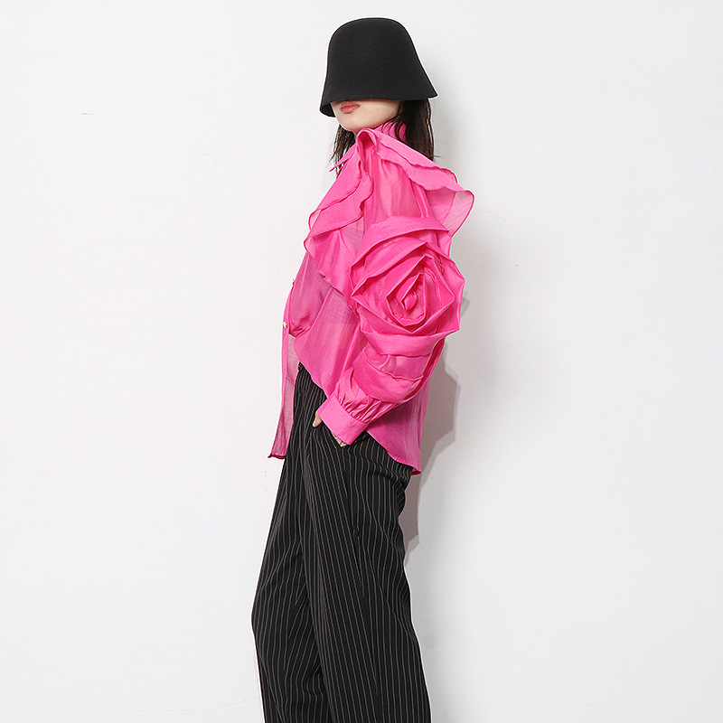 Temperament Organza Solid Color Shirt Lapel Ruffle Stitching Rose Red - Shop at LoveMi