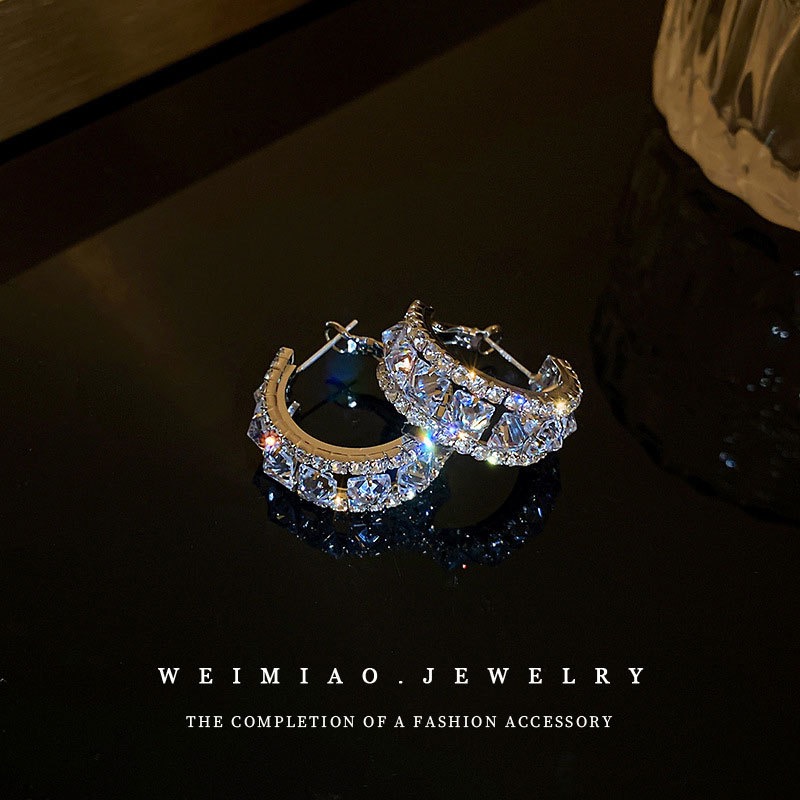Silver Needle C-Shaped Rhinestone Zircon Geometric Earrings For Women Luxury Niche Design Hoop