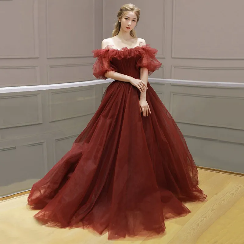 Red Tulle Off Shoulder Full Length Princess Ball Gown - Wine Red