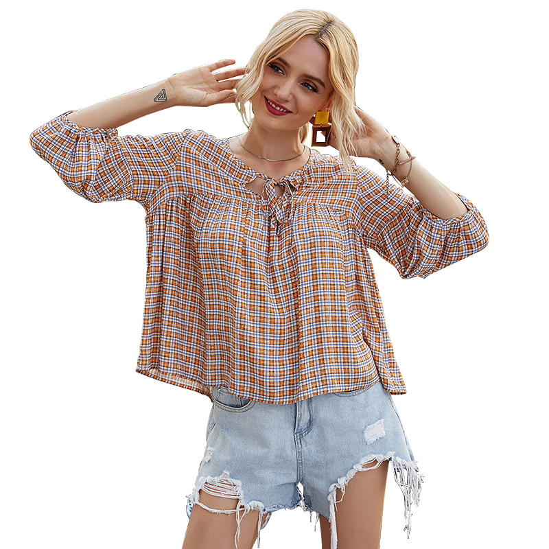 Spring And Summer New Women Fashion Floral Plaid Shirt