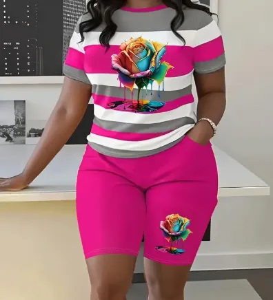 Women'S Two Piece Set Featuring A Stylish Printed T Shirt And Casual Shorts Multicolour - Shop at LoveMi